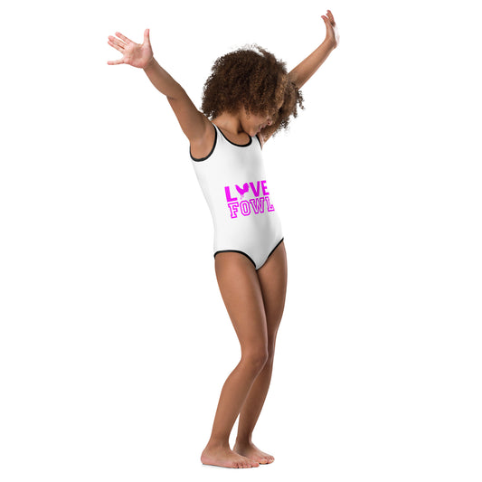VS LOVE FOWL White and Pink Heart Gamefowl Kids Swimsuit