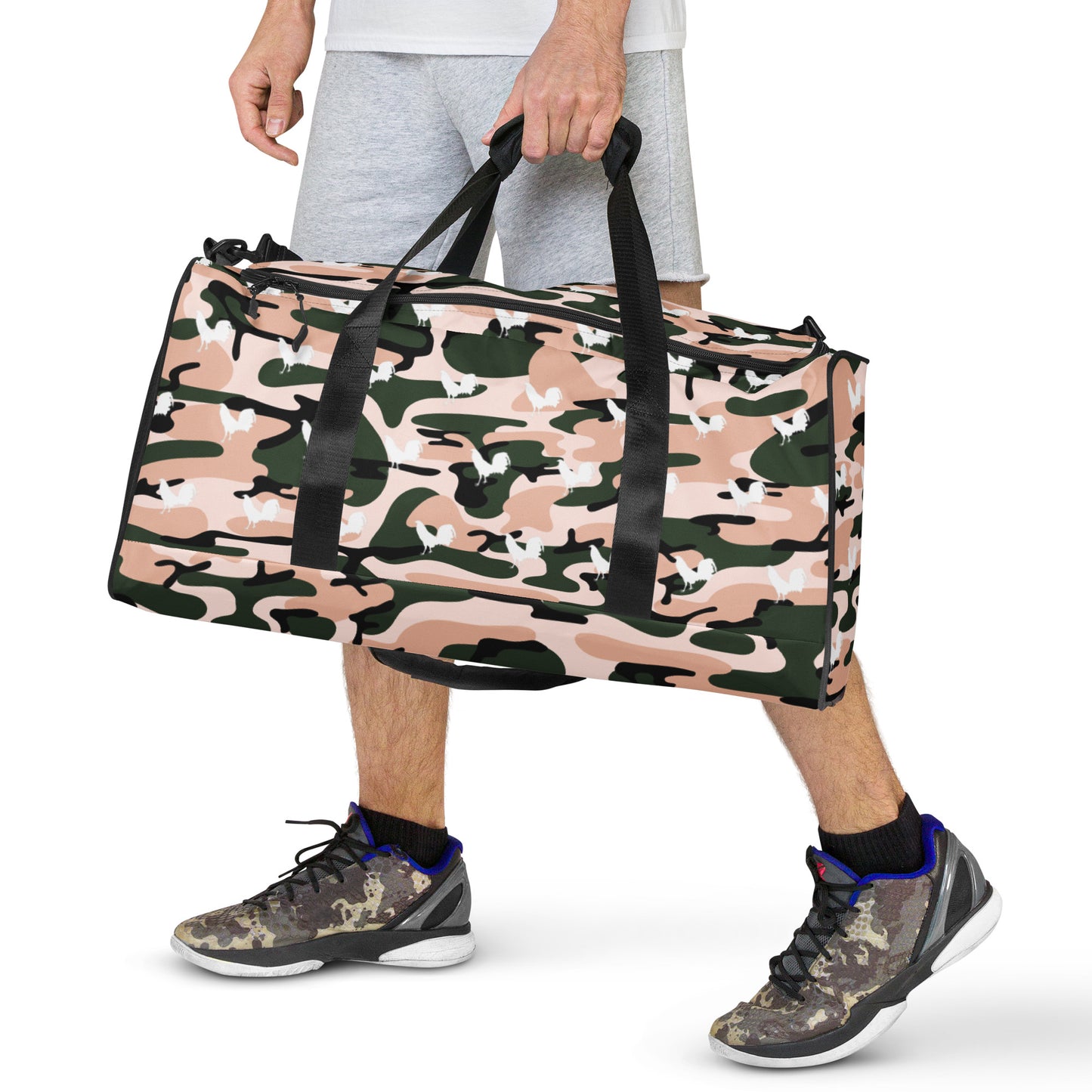 White Cock Pink Grey Camo Gamefowl Rooster Duffle Bag