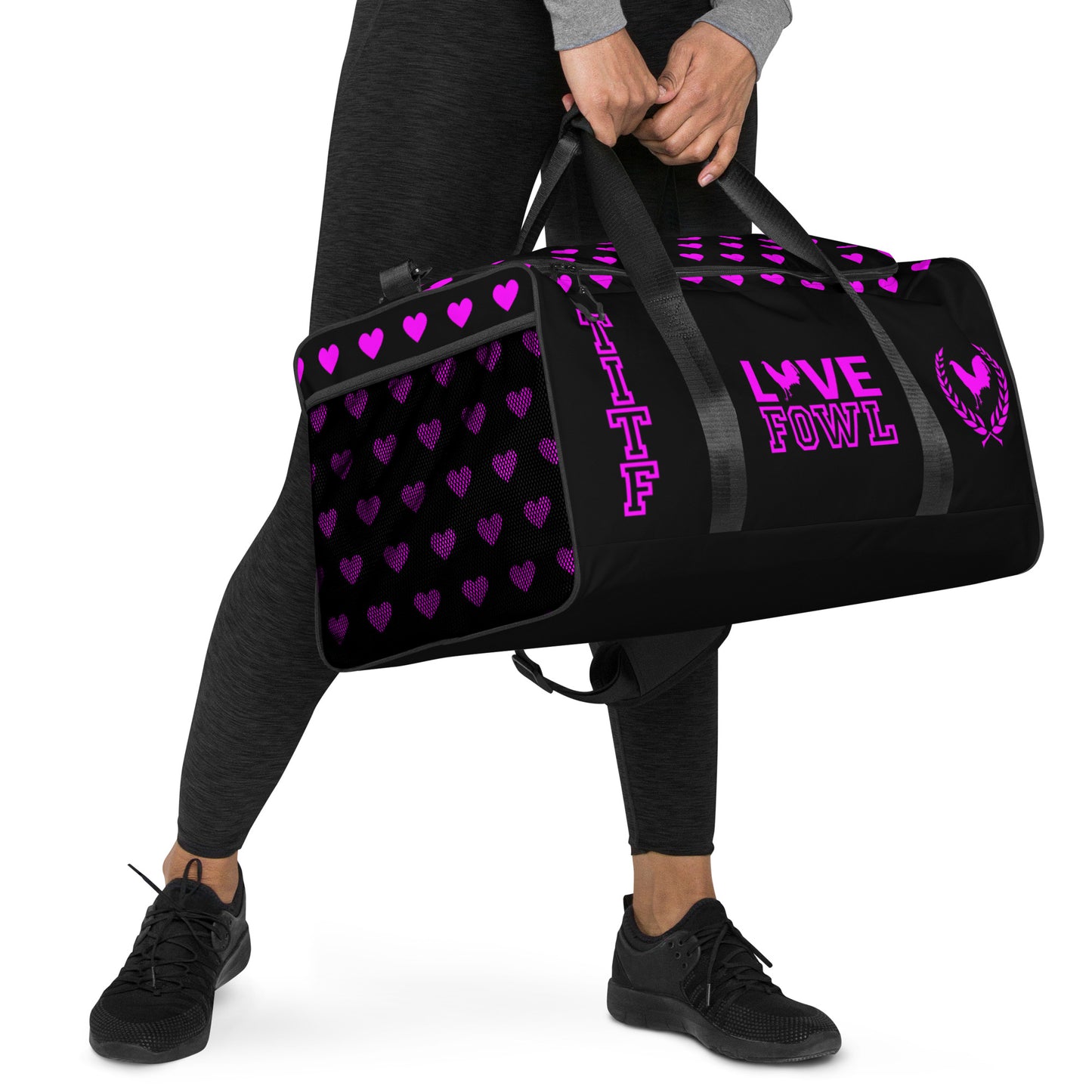 VS LOVE FOWL PINK HEART Gamefowl Rooster Black Duffle Bag