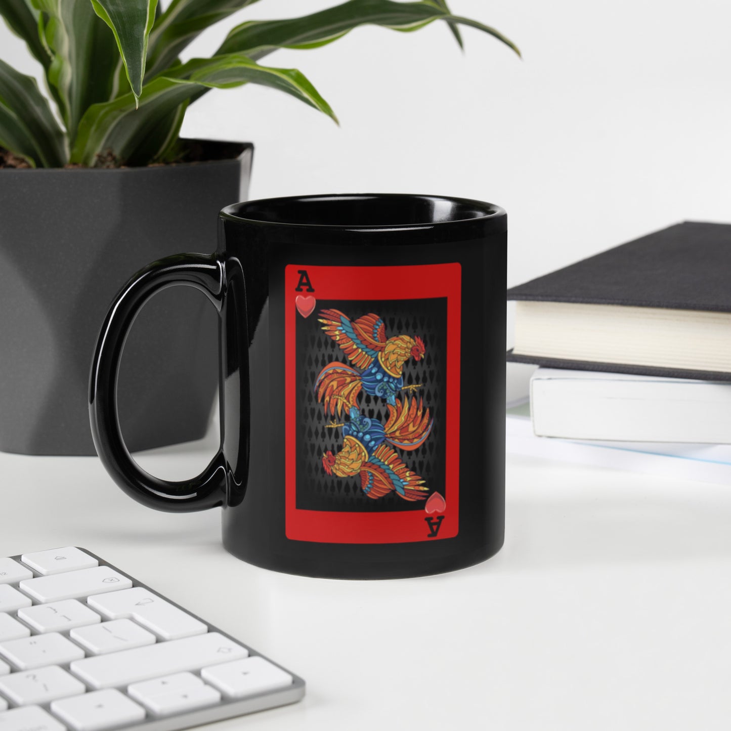 DECK OF CARDS ACE Gamefowl Rooster Black Glossy Mug