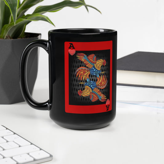 DECK OF CARDS ACE Gamefowl Rooster Black Glossy Mug