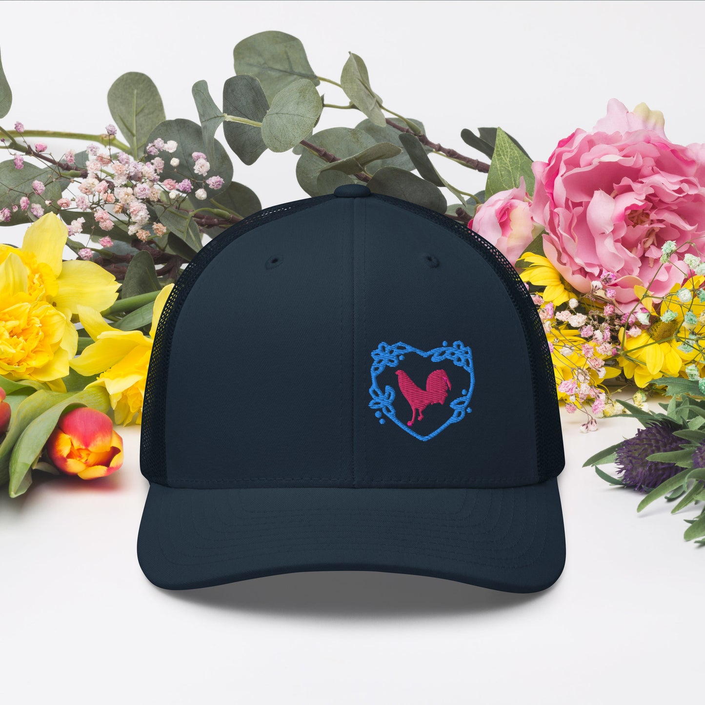 Pink Cock Blue Heart Gamefowl Rooster Trucker Cap