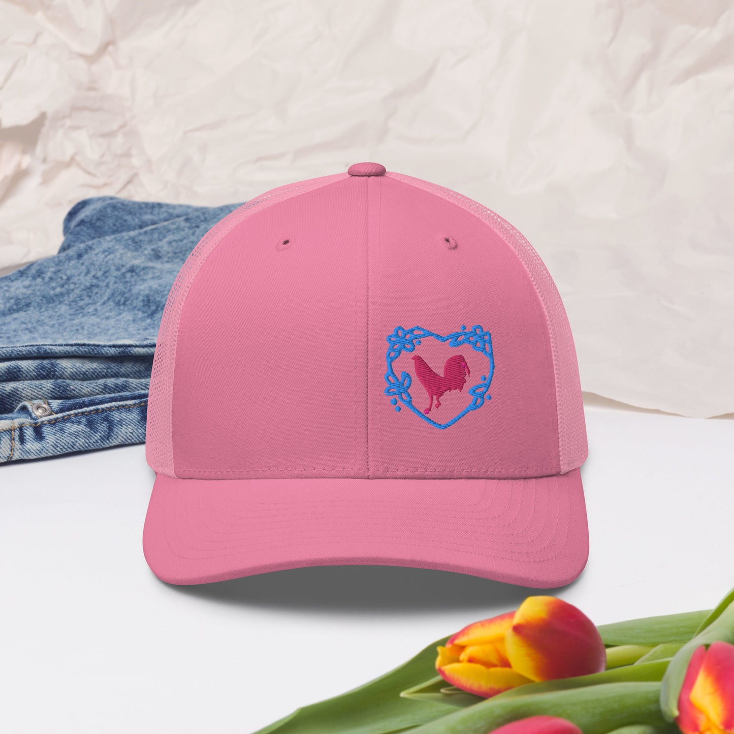 Pink Cock Blue Heart Gamefowl Rooster Trucker Cap