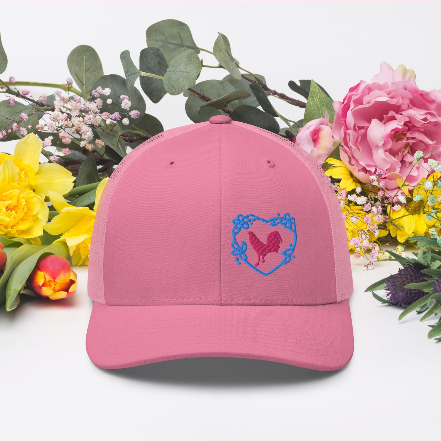 Pink Cock Blue Heart Gamefowl Rooster Trucker Cap