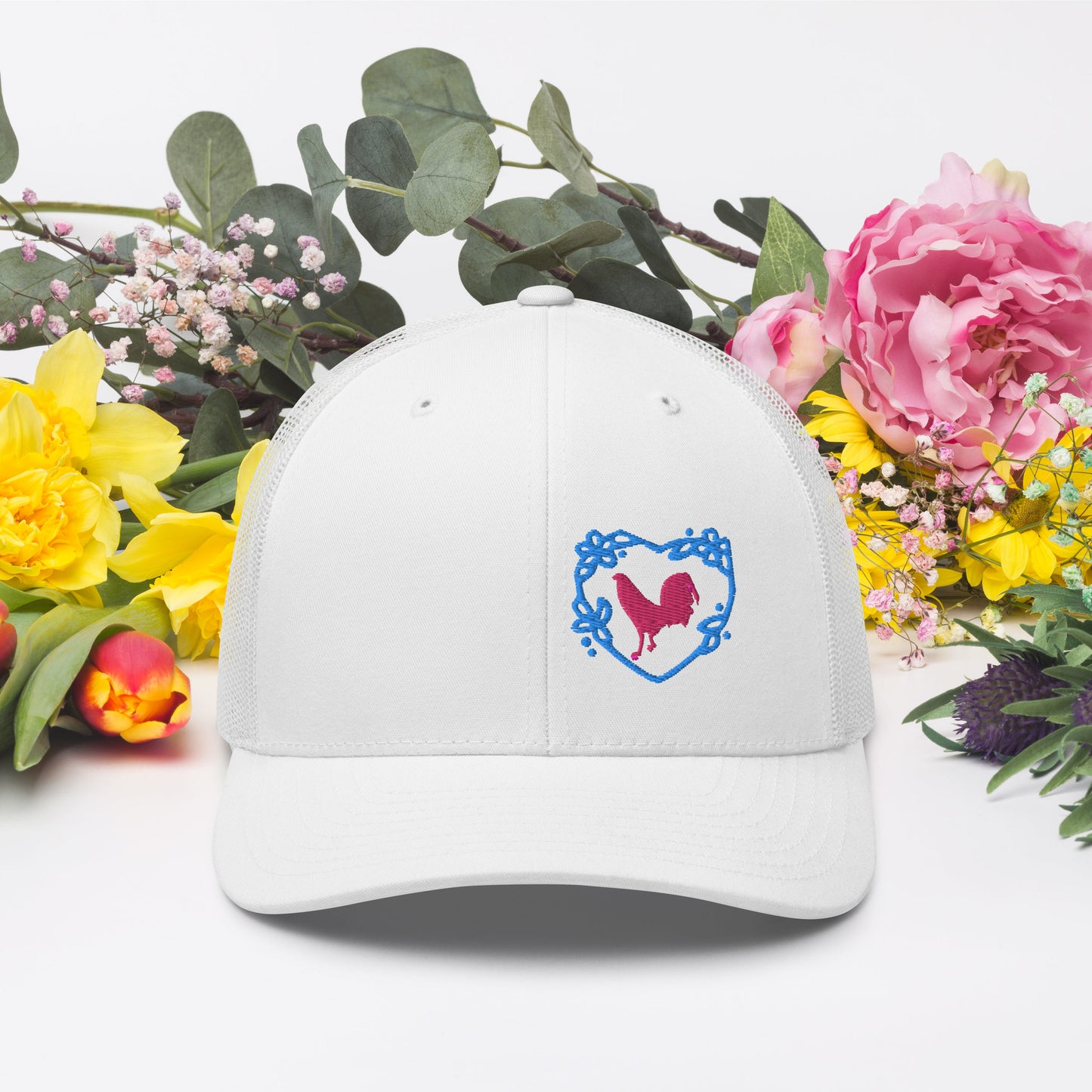 Pink Cock Blue Heart Gamefowl Rooster Trucker Cap