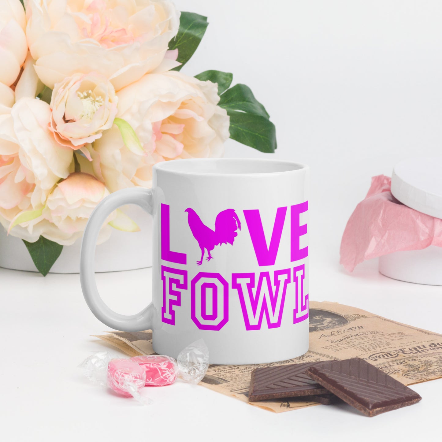 VS LOVE FOWL PINK LEAF Gamefowl Rooster White Glossy Mug