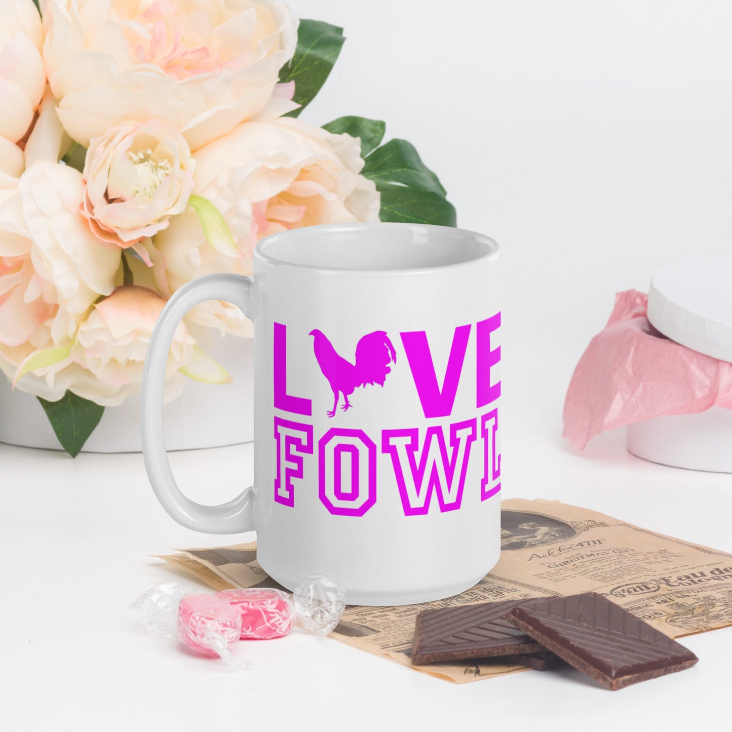 VS LOVE FOWL PINK LEAF Gamefowl Rooster White Glossy Mug